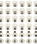 Knockout Silver Chicago Binding Screws M5 X 6Mm Nickel Plated Flat Head Rivet Set arranged in rows for leathercraft and DIY.
