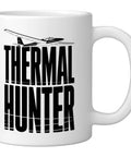 White ceramic mug with "Thermal Hunter" text and sailplane graphic, ideal for Thermal Soaring Sailplane Pilot Ceramic Mug For Glider Fans.
