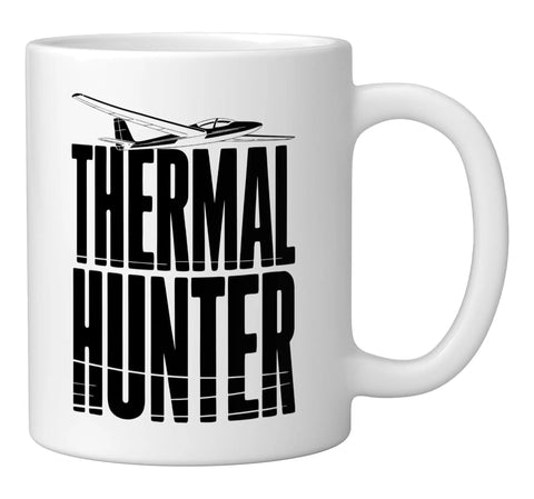 White ceramic mug with "Thermal Hunter" text and sailplane graphic, ideal for Thermal Soaring Sailplane Pilot Ceramic Mug For Glider Fans.