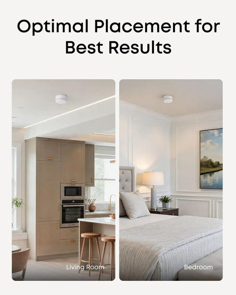 Ultra Slim Smoke Detector With Dead Simple Setup And Ul Certified Safety That Crushes False Alarms in living room and bedroom settings.