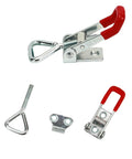 Components of 30 Pack Adjustable Toggle Latch Clamps Set, Heavy Duty Quick Release Hand Tools with red vinyl grip, holding up to 360 lbs
