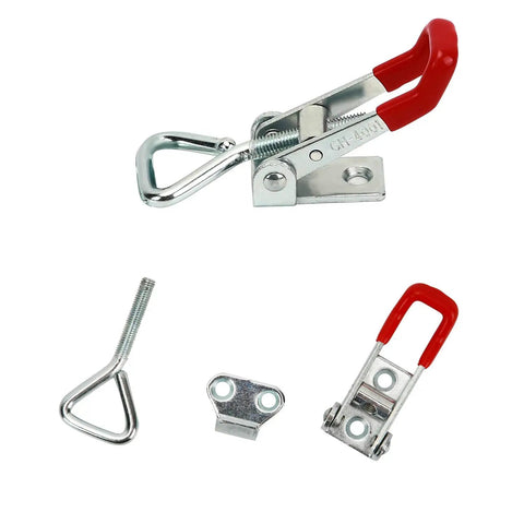 Components of 30 Pack Adjustable Toggle Latch Clamps Set, Heavy Duty Quick Release Hand Tools with red vinyl grip, holding up to 360 lbs