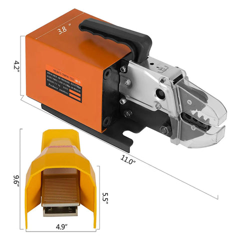 Tough Pneumatic Crimping Tool Air Powered Wire Terminal Crimping Machine With Ten Die Sets For Thick Wires Up To 16mm Square side view with ruler measurements