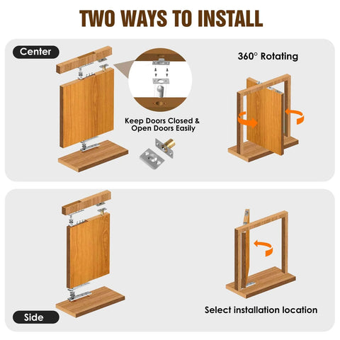 Hidden Door Pivot Hinges for Wood Doors, Heavy Duty Stainless Steel 200 Lb Load, Concealed Bookcase Cabinet Door Hinges shown installed