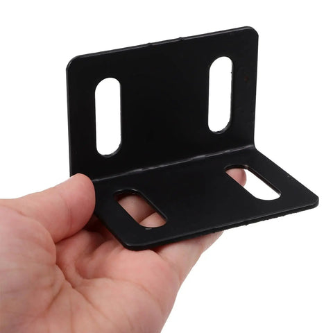 Close-up of handheld Beefy Right Angle Shelf Brackets Set Of 10 Heavy Duty Metal Corner Braces 2.0mm Thick Black Finish
