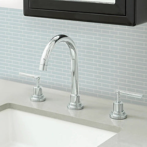 Modern sink setup with Sea Glass Peel And Stick Backsplash Tiles Blue 10.5 Inch By 10.5 Inch Four Panels Self Adhesive Easy To Install