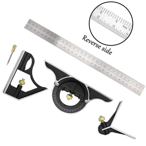Heavy Duty Stainless Steel Combination Square For Framing And Finish Carpentry Featuring Versatile 0 To 180 Degree Angle Ruler layout tool with protractor and ruler.