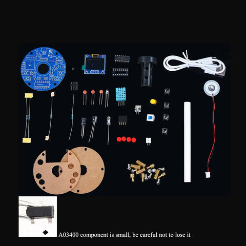 Hands On Humidity Controller DIY Kit With OLED Temperature Display Soldering Practice components laid out on a black surface.