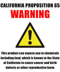 California Proposition 65 warning label with a yellow triangle and exclamation mark, alerting about chemical exposure risks.
