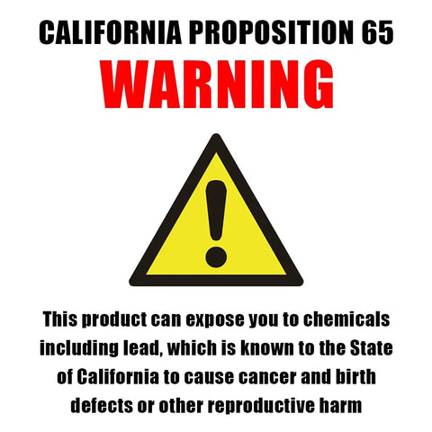 California Proposition 65 warning label with a yellow triangle and exclamation mark, alerting about chemical exposure risks.