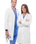 Two medical professionals wearing the Straight Up Crisp White Lab Coat For Nurses And Docs Featuring Hella Comfortable Tagless Fit.