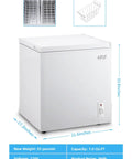 Compact 7.0 Cubic Foot Chest Freezer With Top Lid And White Finish Manual Defrost, featuring dimensions and sliding basket.