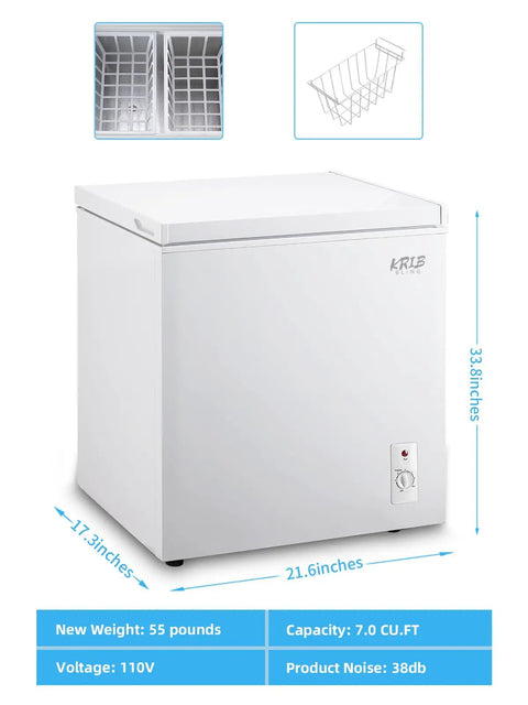 Compact 7.0 Cubic Foot Chest Freezer With Top Lid And White Finish Manual Defrost, featuring dimensions and sliding basket.