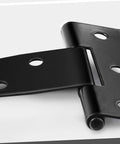 Close-up of black 4-inch T-shape rustproof iron hinge, part of Set Of Six 4 Inch T Shape Rustproof Iron Light Duty Shed Gate Strap Hinges For Doors And Gates Black Finish Easy Install Durable Iron Hardware For Home Use.
