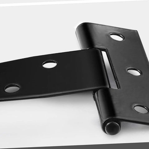 Close-up of black 4-inch T-shape rustproof iron hinge, part of Set Of Six 4 Inch T Shape Rustproof Iron Light Duty Shed Gate Strap Hinges For Doors And Gates Black Finish Easy Install Durable Iron Hardware For Home Use.