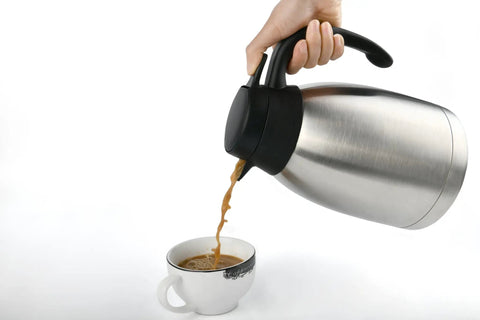 Stainless Steel Triple Layer Vacuum Insulated Carafe Dispenser Keeps Coffee Tea And Water Piping Hot Up To 12 Hours pouring coffee