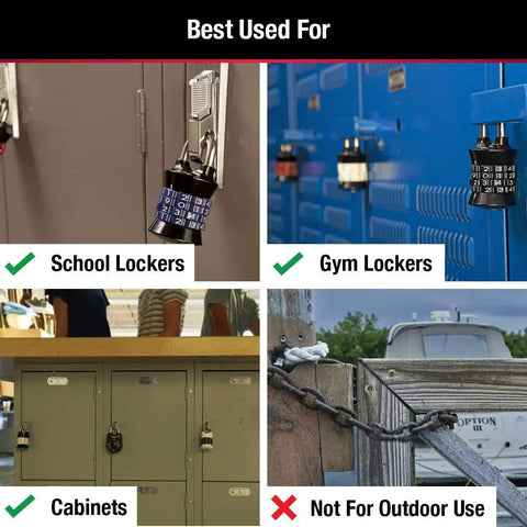 Indoor padlocks on school lockers, gym lockers, and cabinets; not for outdoor use. Set Your Own Four Digit Combination Lock For Gym And School Lockers Indoor Padlock With Zinc Body And Easy Recall For Secure Locker Protection Colors May Vary.