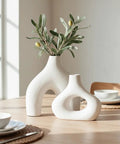 Donut Vase Set Of 2 White Ceramic Vases Large Nordic Minimalist Hollow Centerpieces For Living Room Table Display with Olive Branch