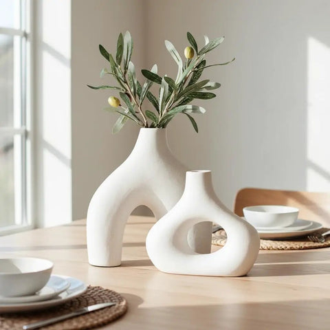 Donut Vase Set Of 2 White Ceramic Vases Large Nordic Minimalist Hollow Centerpieces For Living Room Table Display with Olive Branch