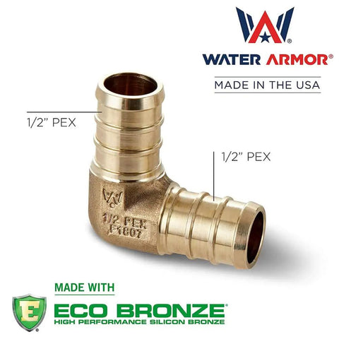 Half Inch PEX Fittings Bundle 220 Pack With 22 Elbows 22 Tees 22 Couplings And 154 Crimp Rings For PEX To PEX Plumbing Connections Stress Corrosion Cracking Resistant And DIY Friendly Built To Last - 1/2-inch PEX elbow fitting made with Eco Bronze
