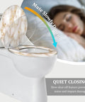 Elongated Toilet Seat Resin for Bathroom with quiet closing feature, showcasing marble design and toilet fit.
