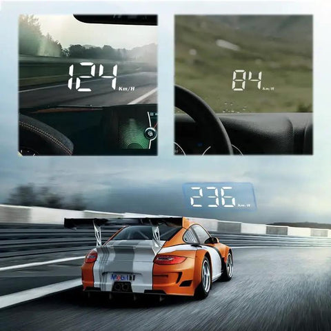 Slick Plug And Play Hud Obd Display With Built In Lens Hood For Zero Windshield Glare Dashboard Monitor displaying speed and performance.