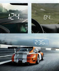 Plug And Play Windshield Hud Speedometer Projector With Dual Mph Kmh Gauge Anti Glare Hood showing different speed readings on display.