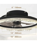 Chandelier, ARLGSITE 16" Smart Silent Ceiling Fan with Light - Acrylic Flush Mount LED Lamp showcasing dimensions and hidden blades.