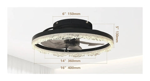 Chandelier, ARLGSITE 16" Smart Silent Ceiling Fan with Light - Acrylic Flush Mount LED Lamp showcasing dimensions and hidden blades.