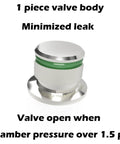 Front view of a one-piece over-pressure relief valve with chrome body and green O-ring for KF25 flange