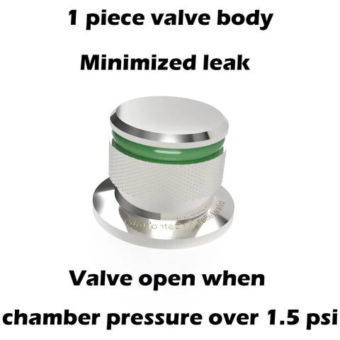 Front view of a one-piece over-pressure relief valve with chrome body and green O-ring for KF25 flange