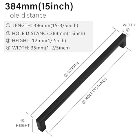 Diagram of Matte Black Cabinet Pulls 15 Inch Square Drawer Handles Stainless Steel 10 Pack For Kitchen Cabinets Doors, 384mm Hole Centers