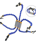 Hosrivae Flexible Helping Hands Tool With 6 Adjustable Vise Arms And Heat Resistant Clip Tips For Soldering Iron Holder and Precision PCB Welding Repair Station Work, blue rubber-coated arms with steel clips.