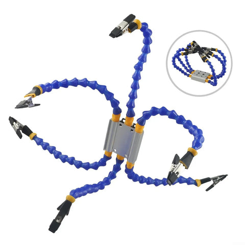 Hosrivae Flexible Helping Hands Tool With 6 Adjustable Vise Arms And Heat Resistant Clip Tips For Soldering Iron Holder and Precision PCB Welding Repair Station Work, blue rubber-coated arms with steel clips.