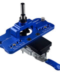 Professional Grade Concealed Hinge Jig With Secure Clamp And Adjustable Marking Scale For Accurate 35 mm Woodworking, blue aluminum design.