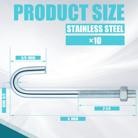 J Bolt With Nut 3/8 Inch 16 Coarse Thread 5 Inch Galvanized Steel Concrete Anchors For Wood And Concrete Projects diagram