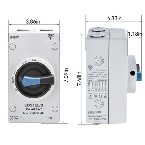 Heavy Duty Solar Disconnect Switch Two Pole DC 1500 Volt 32 Amp Breaker With Rugged Enclosure For Roof Arrays And RV Outfits All Season IP66 Shielding, front and side view, with dimensions.
