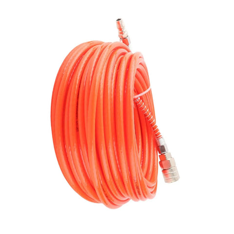 Heavy Duty Air Compressor Hose 20M With One Quarter Inch NPT Connector For Pneumatic Tools Auto Repair Shops Plus Home Garages High Pressure PU Tube 15Bar Handle Tire Inflation Impact Wrench Job Sites Workshop Beast Top Tier Pro Grade Build Red coiled orange hose with metal NPT fittings