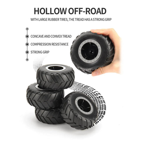 Amphibious RC Car For Land And Water With 1 To 16 Scale Four Wheel Drive Beast Mode Monster Truck tires showing strong grip tread