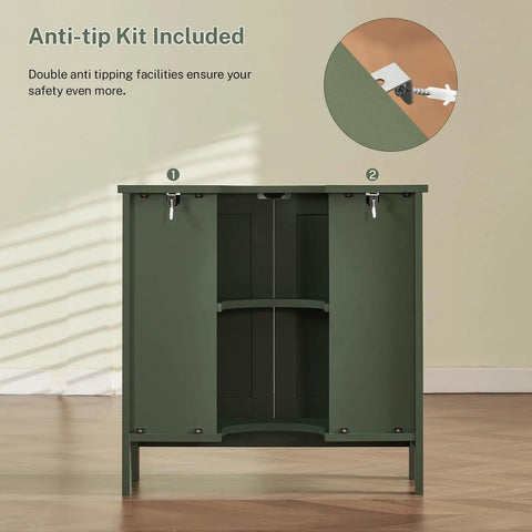 Slick U Shaped Under Bathroom Sink Cabinet With Two Smooth Doors And Nifty Open Shelf To Dodge Pesky Plumbing Pipes And Stash Cleaners In Modern Green Space Saver