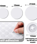 Plastic Self Tapping and Self Adhesive Screw Hole Covers for Wood Furniture, showing sizes 12mm, 15mm, 21mm and adhesive sheet.