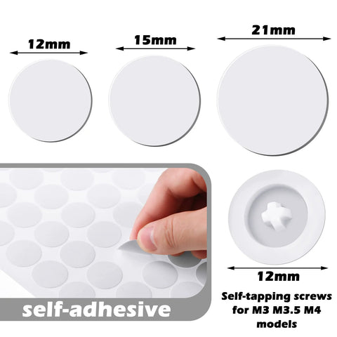 Plastic Self Tapping and Self Adhesive Screw Hole Covers for Wood Furniture, showing sizes 12mm, 15mm, 21mm and adhesive sheet.