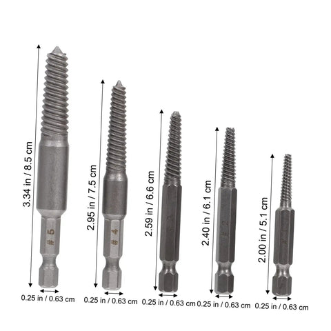 Bolt Extractor Set 5 Pieces Tap Extractors For Steel Damaged Screws And Stripped Fasteners Remover Tool Kit sizes shown