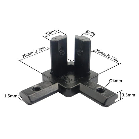 Eight Pieces 20x20 Aluminum T Slot Corner Brackets With Set Screws For 2020 Series Extrusions, 3 Way Tri Connectors To Build Strong, Adjustable Frames For DIY Projects In Black, close-up with dimensions