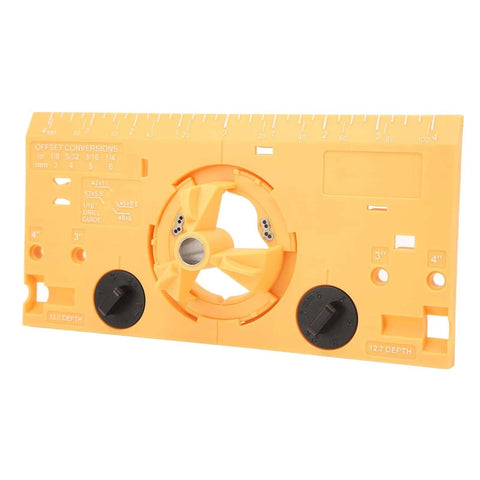 Front view of yellow ABS hinge-boring jig template for 35mm holes with depth adjustments.