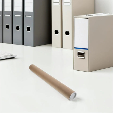 10 Pack Kraft Paperboard Poster Tubes With Plastic Caps, 50mm Inner Diameter And 40cm Length on office desk
