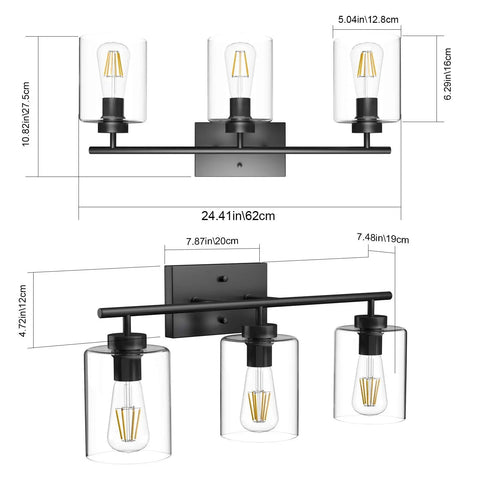 Three Light Black Vanity Light Fixture Over Mirror With Clear Glass Shades Industrial Wall Light For Bathroom Upgrade Modern Vintage Look Matte Black Frame