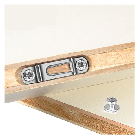 50 Piece Set Invisible Two In One Connector Screws Hidden Cabinet Wardrobe Fasteners Stainless Steel Slide Lock Hardware For Laminated Wood Assembly No Sweat Setup Snug Fit Beefy Hold Rock Solid Cabinet Hardware Durable Silver, close-up of hardware in use.