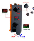 UMJIGF Shower System Black Led Digital Display Shower Faucet Set with Waterfall Tub Spout, showing temperature and time settings.
