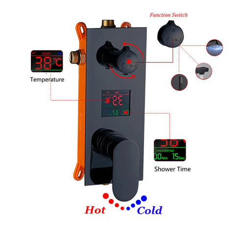UMJIGF Shower System Black Led Digital Display Shower Faucet Set with Waterfall Tub Spout, showing temperature and time settings.